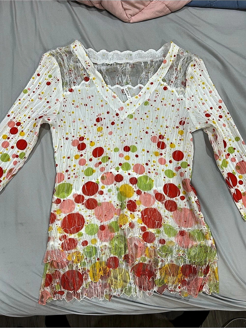 Lindi Long Sleeve Polka Dot Fringe Top in White & Red